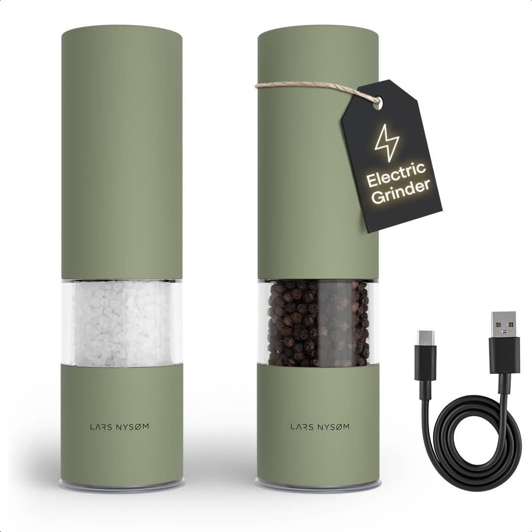 LARS NYSM Electric Salt and Pepper Grinder Set I Automatic Salt and Pepper Mills with Adjustable Ceramic Grinder I USB Rechargeable Electric Spice Mill Set with LED Light (Sage Green)