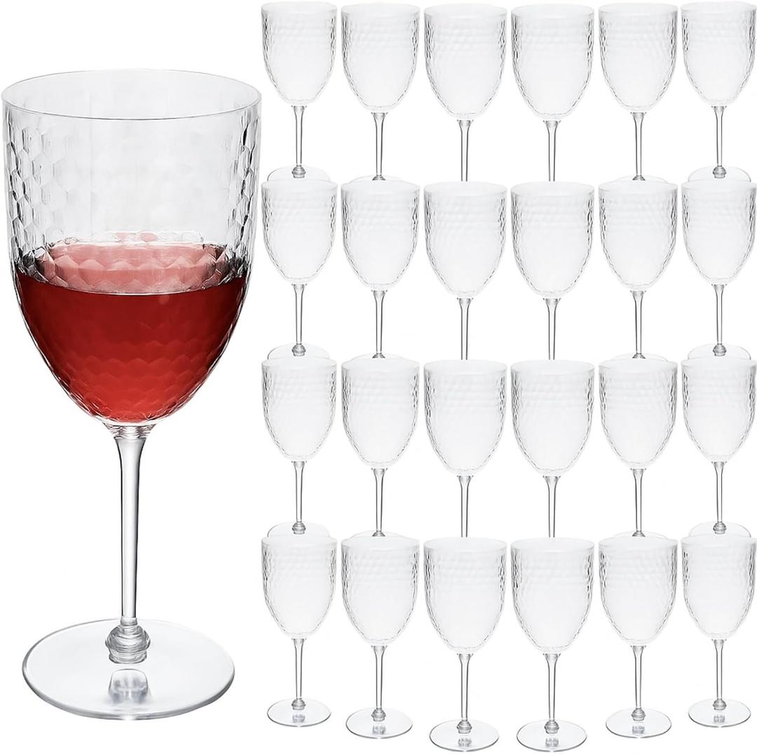 Jingmore 24 Pcs 13oz Reusable Plastic Wine Glasses, Detachable Wine Glasses with Stem, Unbreakable Champagne Flutes, Crystal Pink Goblet for Christmas Party Bar Restaurants Wedding Toasting (Crystal)