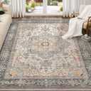 Washable Area Rugs for Living Room - 7x9 Neutral Vintage Distressed Floral Farmhouse Boho Large Soft Floor Rug Indoor Non Slip Carpet for Living Room Bedroom Dining Room Office - Forest Green Orange