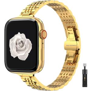 Thin Women Band Compatible with Apple Watch 38mm 40mm 41mmm 42mm 44mm 45mm with Face Cover, Stainless Steel for Metal iwatch Band Series 9 8 7 6 5 4 3 2 1 SE.