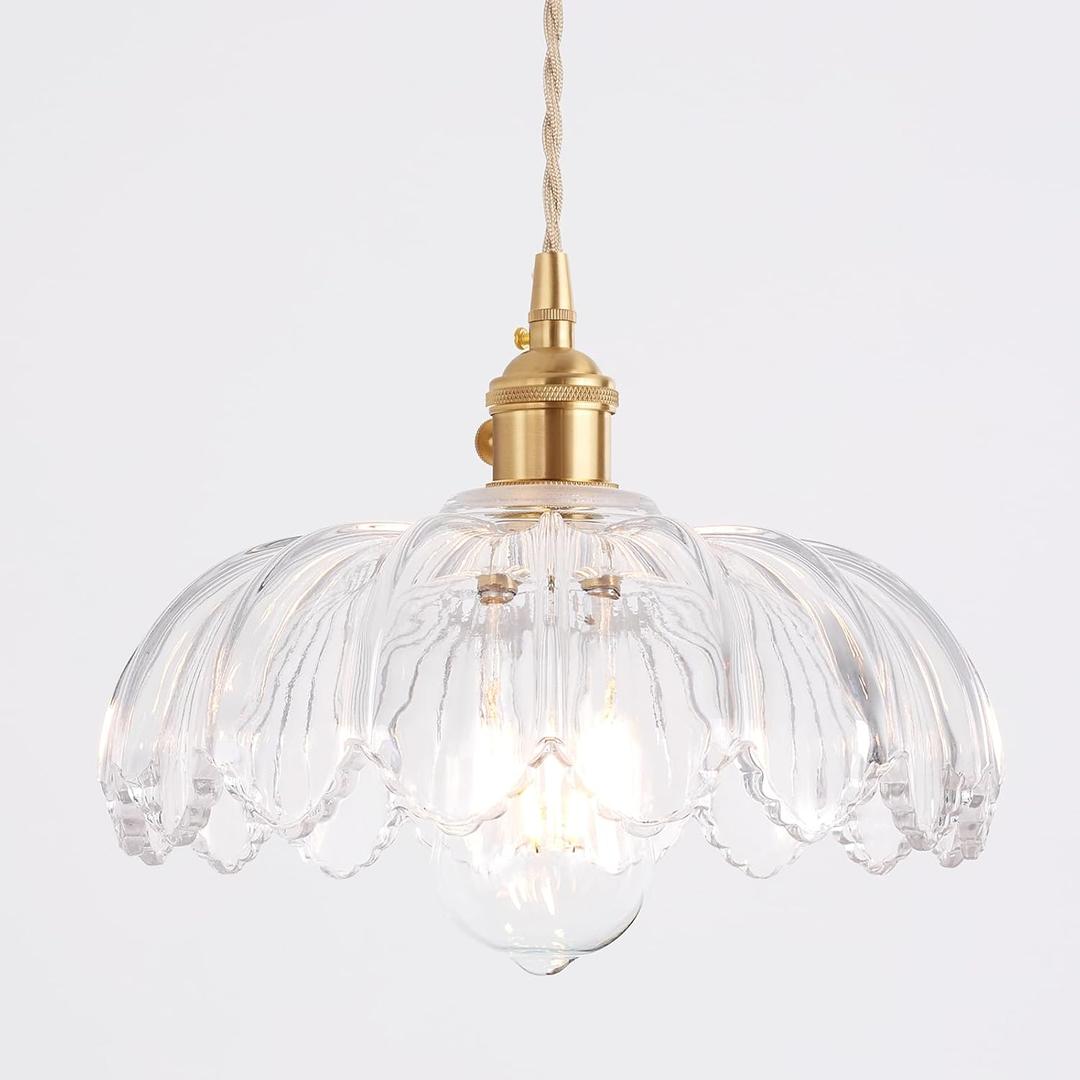 Pendant Light with Clear Scindapsus Glass Lmapshade, Brass Vintage Pendant Light Adjustable Hanging Light for Kitchen Island Dining Room Hallway (Hardwired 1 pack, Scindapsus Clear)