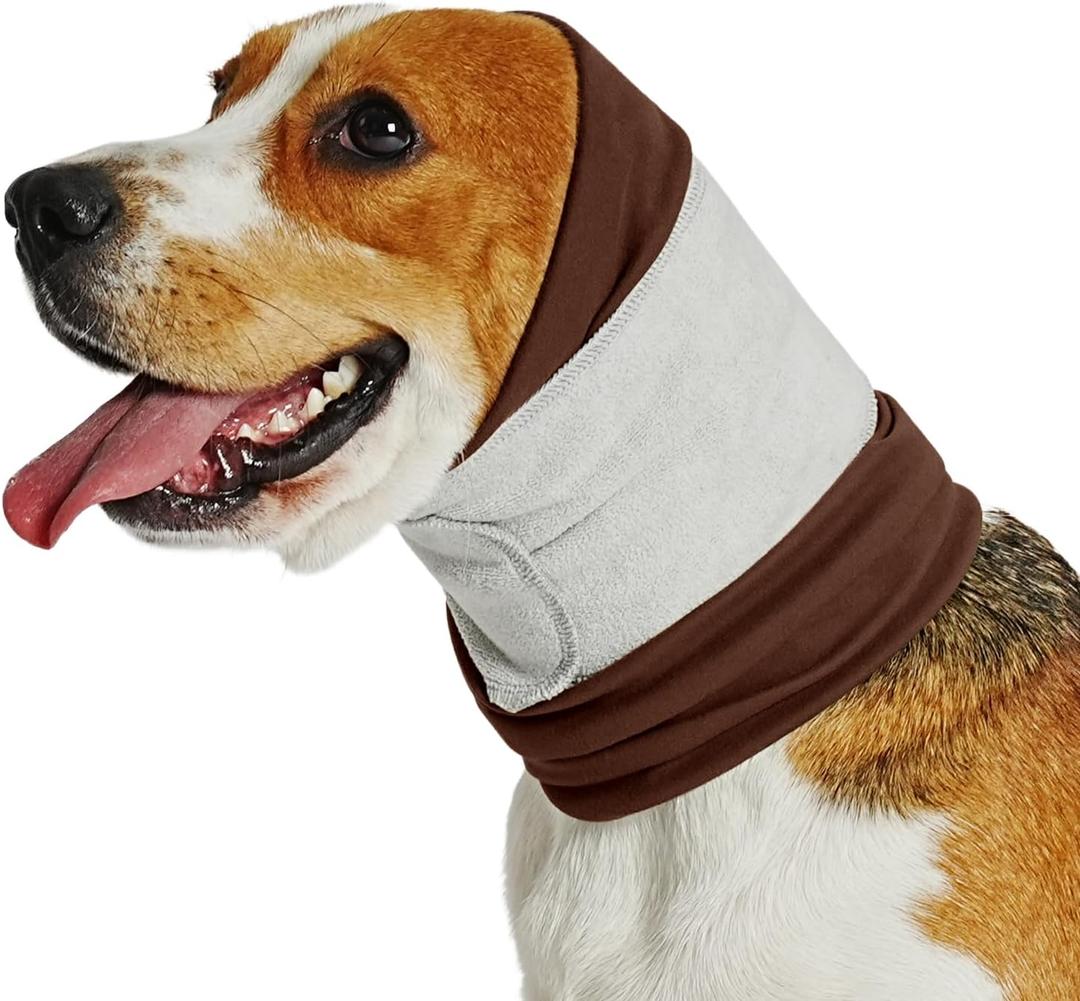 Dog Calming Hoodie for Anxiety Relief, Noise Cancelling, Triple-Layer Ear Muffs Protection Wrap with Silent Velcro; Essential During Grooming, Thunder, Fireworks or Hematoma (Brown,S)
