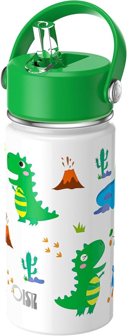 OISIZ Kids Water Bottle with Straw Lid 14oz, Vacuum Insulated 316 Stainless Steel Water Bottles for Kids for School, Leakproof Water Bottle, BPA Free and Keep Cold for 24 Hours (dinosaur)