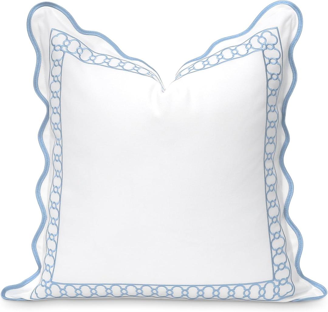 Hofdeco Premium Coastal Patio Indoor Outdoor Scalloped Throw Pillow Cover Only, 20"x20" Water Repellent for Backyard, Couch, Baby Blue Embroidered Begonia Pattern Chain Frame