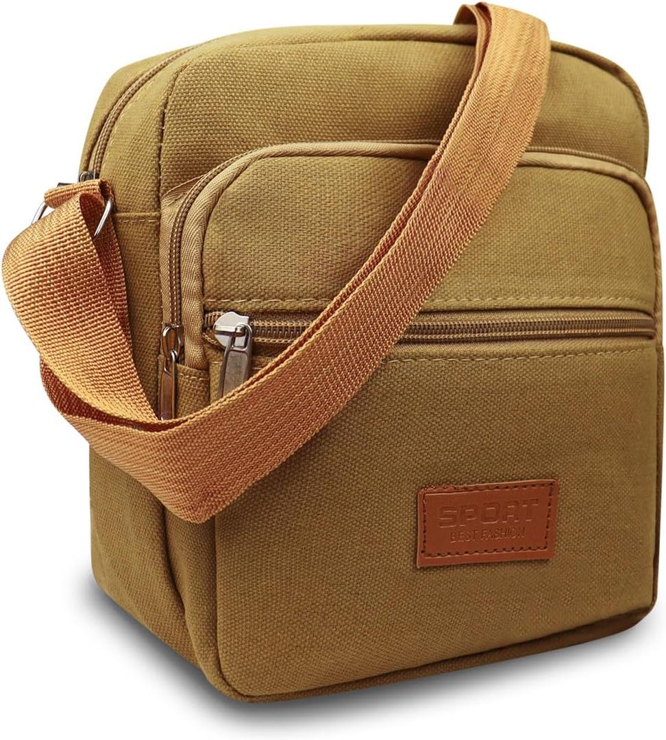Messenger Bag for Man, Commuting Canvas Crossbody Bag with 3-Layer Zipper, Satchel Bag for Business Bag (Khaki)