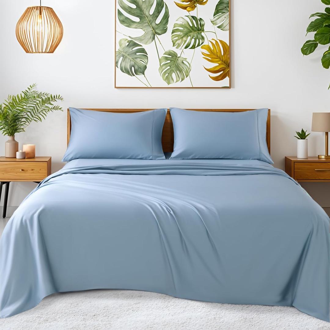 SONORO KATE 100% Egyptian Cotton Sheets - 1200 Thread Count, Luxury & Cooling Hotel Cotton Bed Sheets Set 4 Piece, Sateen Weave for Soft Feel, Fits Upto 16" Mattress (French Blue, Queen)