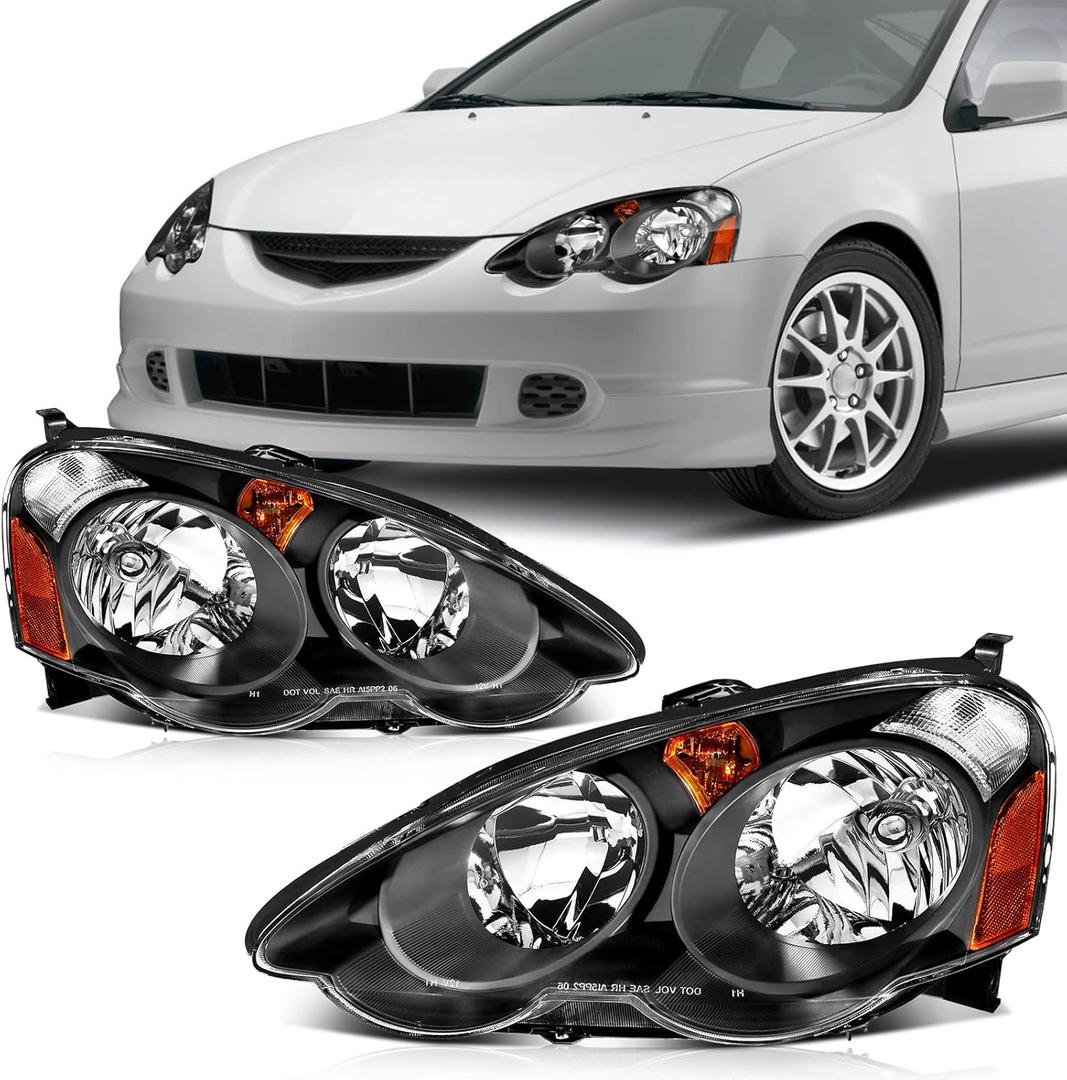 SCITOO Headlight Assembly For 2002-2004 Acura RSX 2-Door Headlamp Compatible with 2002 2003 2004 Acura RSX with Black Housing Amber Reflector Clear Lens, Driver and Passenger Side