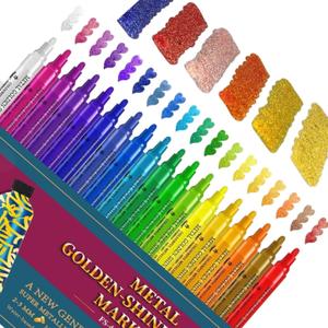 Super Gold 18 Colors Metallic Glitter Acrylic Markers 2-3mm Medium Tips Glitter Markers for Black Paper, Albums, Easter egg, Rock Painting, Cards, Ceramic, Wood, DIY Crafts