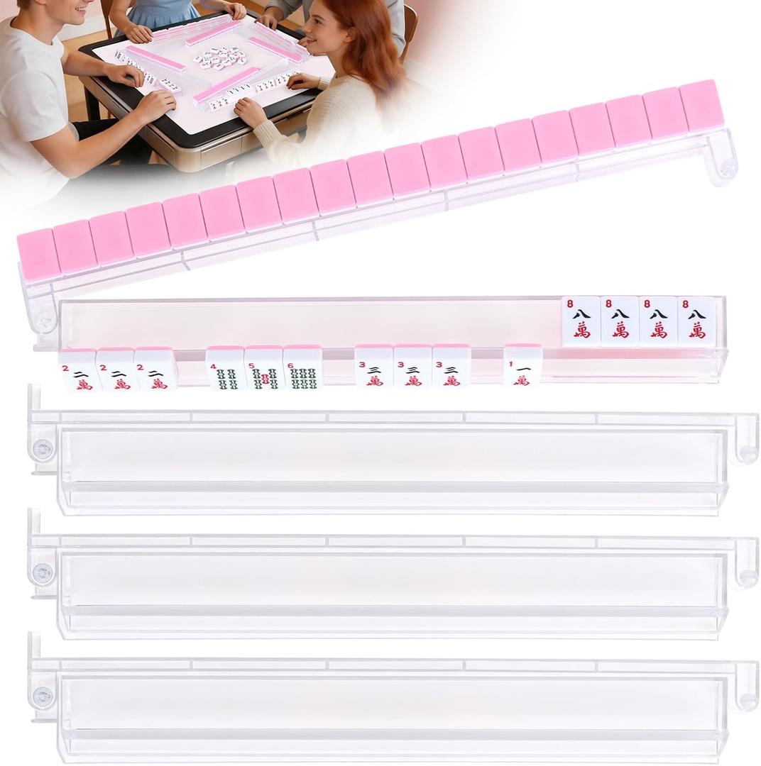 Mahjong Racks with Pushers Set of 4，Clear Acrylic Tile Holders Organizer for American Mahjong，All-in-One Mahjong Accessories and Supplies Gifts for Mj Enthusiast (Clear)