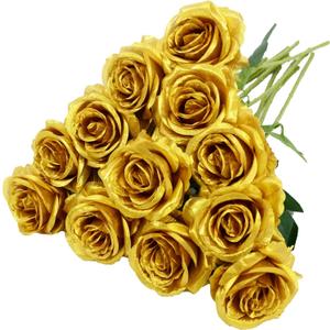 12pcs Rose Artificial Flowers, Fake Rose Silk Flower Bouquet, Faux Roses with Stems - 50cm, Roses Decor for Wedding & Home Decoration (Gold)