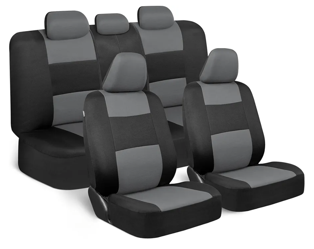 BDK PolyPro Car Seat Covers Full Set in Gray on Black, Front and Rear Split Bench Seat Covers for Cars, Easy to Install Car Seats Cover Set and Accessories for Auto Trucks Van SUV - Gray