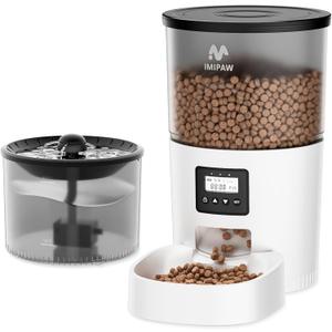 Automatic Cat Feeder and Water Fountain, Timed Pet Dry Food Dispenser, Programmable Portion Control, 1-6 Meals Per Day, Cat Fountains for Drinking with Filter, Small Pets (3L Combo) (White)