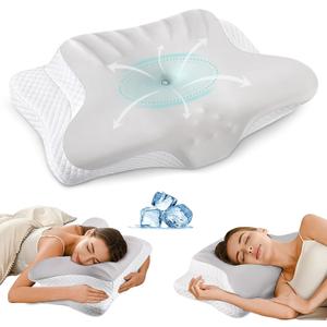 Cervical Neck Pillow for Pain Relief - Ergonomic Memory Foam Pillows for Sleeping, Cooling Side Sleeper Pillow for Neck Support, Contour Orthopedic Bed Pillow for Back Stomach Sleepers (Grey & White)