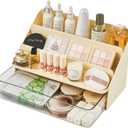 3-Tier Display Riser with Large Detachable Drawer, Plastic Storage Shelf, Perfume and Cologne Organizer Stand, Makeup Organizer for Vanity, Bathroom, Office, Cream White