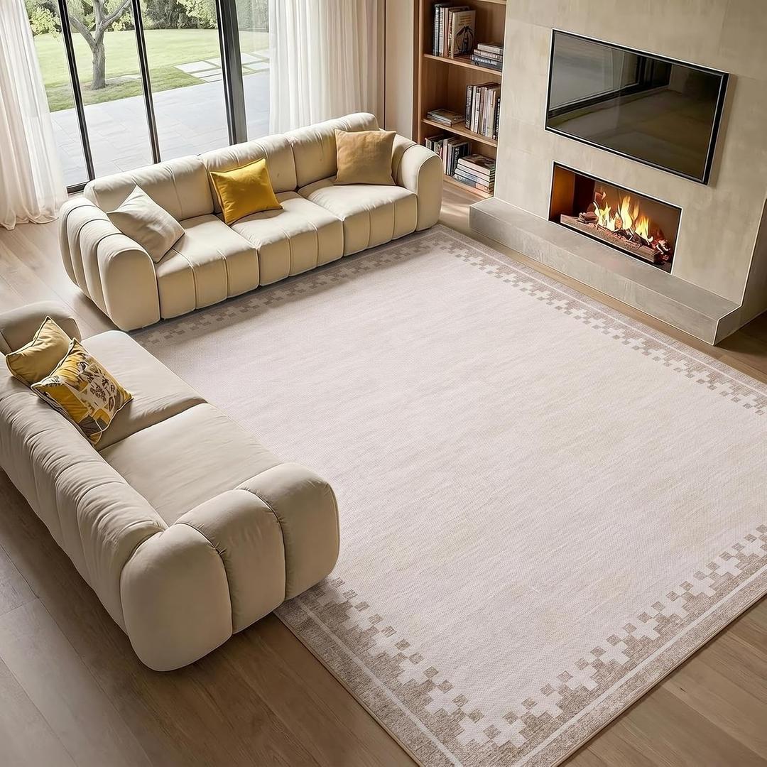 GarveeHome 9x12 Large Beige Area Rugs Cross Bordered Washable Low Pile Indoor Carpet Perfect for Living Room Home Office Bedroom Modern Non Slip Soft Dining Room Farmhouse Rug, Light Camel/Seashell