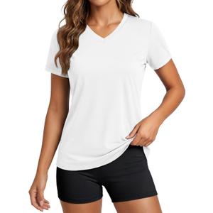 MAGCOMSEN Women's Workout Tops Short Sleeve UPF 50+ Athletic Shirts Quick Dry V-Neck T-Shirt Moisture Wicking Gym Tee (White, S)