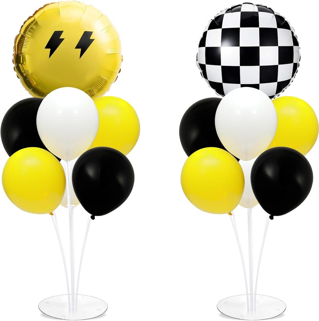 Smile Party Balloons Stand Kit 2 Sets with 2 Black White Checkered Foil Balloons Happy Face Themed Party Balloon Centerpiece for Tables for Baby Birthday Party Yellow Smile Face Themed Decorations