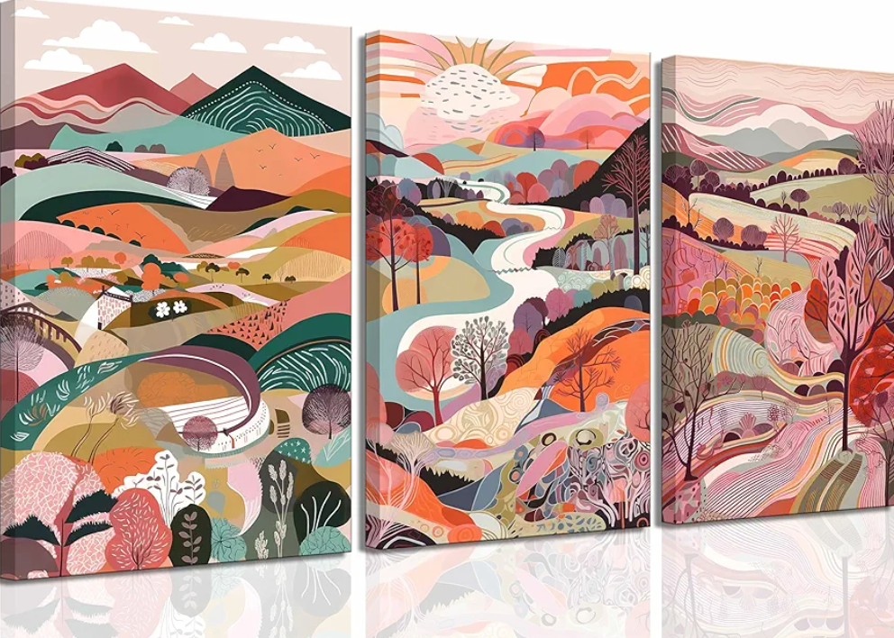 3 Pcs Abstract Colorful Mountains Canvas Wall Art Colorful Watercolor Abstract Forest Natural Scenery Picture Wall Decor Poster Print Artwork for Living Room Bedroom Home Decor