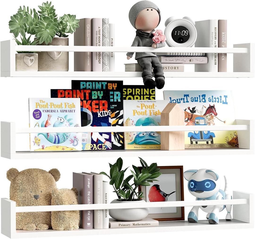 Fixwal Nursery Book Shelves, 23.6 Inch Floating Bookshelf for Wall, Set of 3, Nursery Decor, Solid Wood Wall Mounted Shelves for Books, Toys and Decor Storage (White)