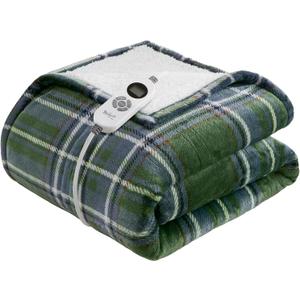 Woolrich Heated Throw Blanket with Ultra Soft Plush and Sherpa Reverse, 12 Heat Settings, Auto Shut-Off, Farmhouse & English Country Gift Throw  Green Plaid Pattern, 50"x60"