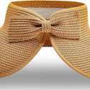 Straw Sun Visor for Women, Wide Brim UPF 50+ Protection Beach Hat, Adjustable, Roll Up Foldable Ponytail Cap with Chin Strap