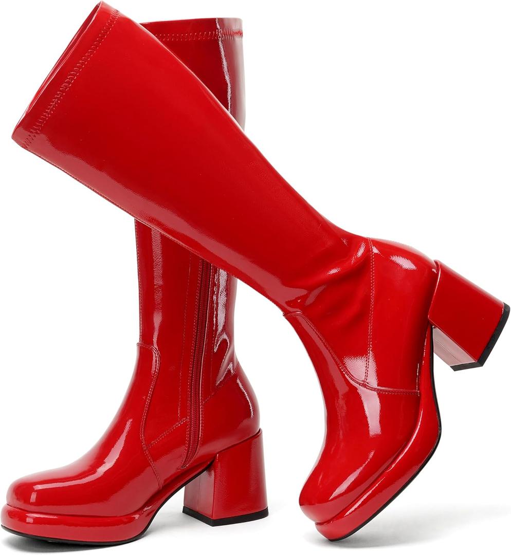 LanreyTaley Elastic Women Knee High Boots Platform Chunky Heel Tall Boots Suede Dress Boots Side Zipper Stretch Boots Fall (7, Patentred)