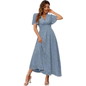 Simplee Women's Boho Floral Maxi Dress Flowy Casual V Neck Short Sleeve Wedding Guest Holiday Beach Long Dress (Blue, XL)