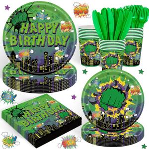 120 PCS Green Hero Party Decorations Include Plates Napkins and Knife and Fork Green Hero Party Supplies Serves 20