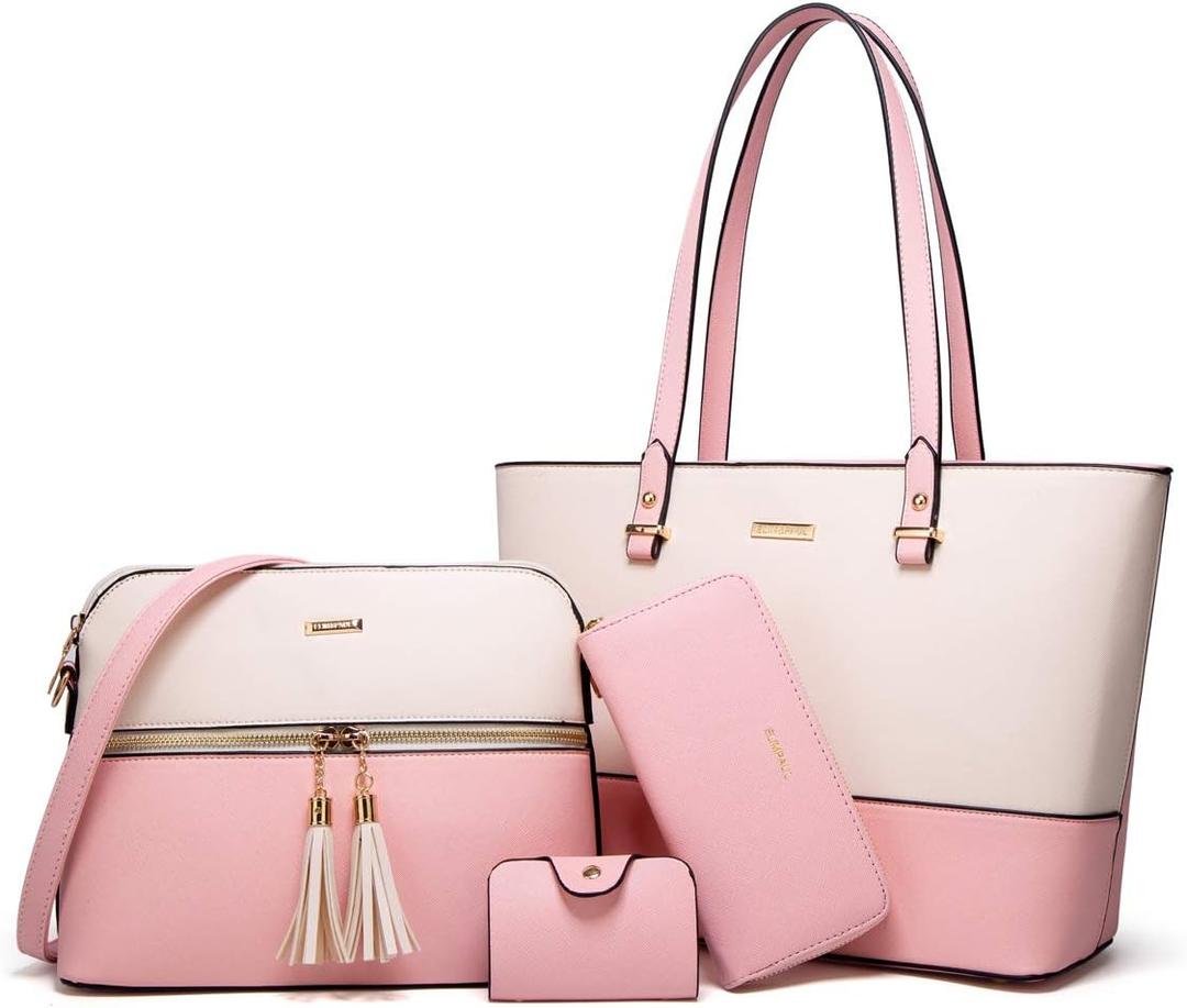 Women Fashion Synthetic Leather Handbags Tote Bag Shoulder Bag Top Handle Satchel Purse Set 4pcs (Large, A-pink Beige)