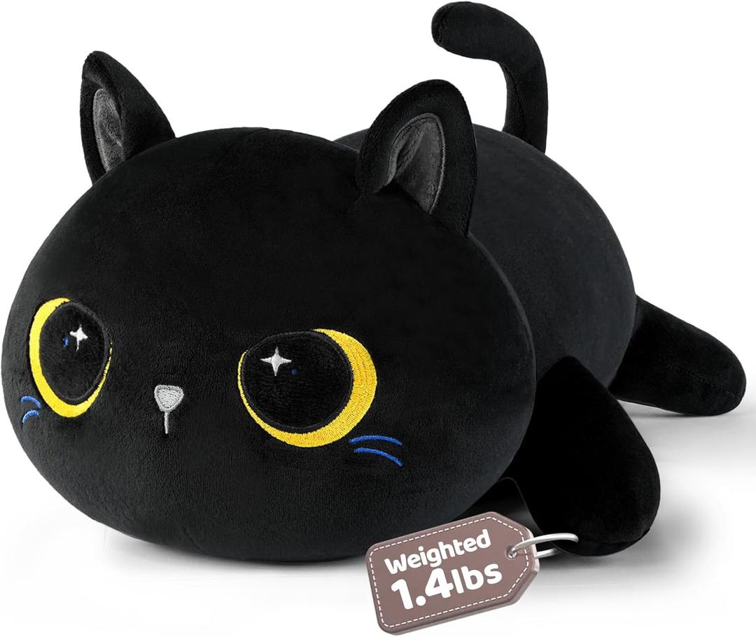 Puffpals Weighted Plush, Cute Black Cat Weighted Stuffed Animal with Beads, Soft Sensory Plush Pillow Toy for Kids & Adults(13.2in 1.4lbs)