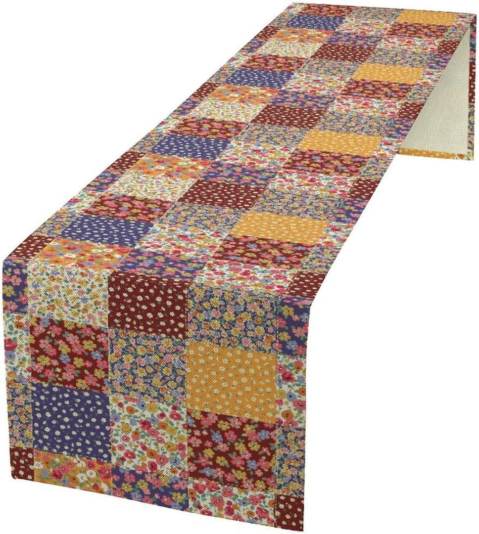 Patchwork Table Runner, Country Garden Fall Flowers Paisley Plaid Patchwork Pattern for Home Kitchen Table Decor Dining Coffee Room Party Decor 13x36in