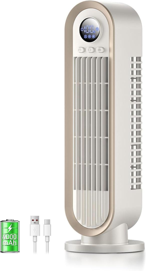 Misby Desk Fans Small Quiet, 13 Inch Office Fan for Saving Space, 4000mAh Battery Operated, 3 Speed Adjustment, 90 Oscillation Bladeless Table Fan, Ideal for Office, Bedroom (Ivory White)