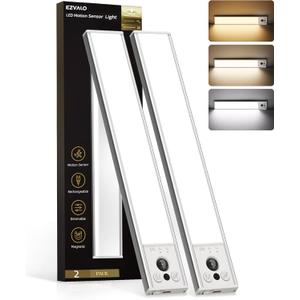 EZVALO 10inch Under Cabinet Lighting, Rechargeable Motion Sensor Light Indoor with 3 Color Temperatures, Dimmable & Magnetic Closet Lights, Wireless Under Counter Lights for Kitchen, Stairs (2 Pack)