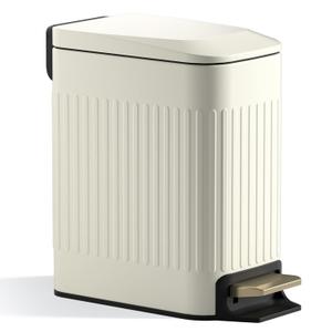 CEROELDA Small Bathroom Trash Can with Lid Soft Close-5L/1.3 Gal Slim Garbage Can-Metal Step Wastebasket-Rectangle Narrow Waste Bin for Office, Bedroom, Toilet, Live Room (Embossed-Beige)