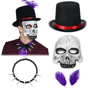 5 Pcs Halloween Shadow Costume for Men Sorcerer Antagonist Gothic Sorcerer Top Hat Bone Necklace Skull Skeleton Mask Purple Feather for Halloween 1920s Jazz Era Magician Cosplay Party