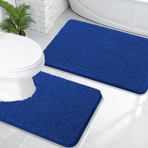 OLANLY Bathroom Rugs Sets 2 Piece, Soft Absorbent Chenille Bath Mats and U-Shaped Contour Toilet Mat Area Rug Set, Machine Washable Bath Carpet, Home Decor Accessories(30"x20"+24"x20",  Royal Blue)