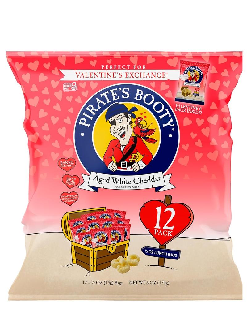 Pirate's Booty Aged White Cheddar Cheese Puffs, Gluten-Free, Kids Snacks, Valentine's Day Snack, 0.5oz (12ct) (BBD 07/14/2025)