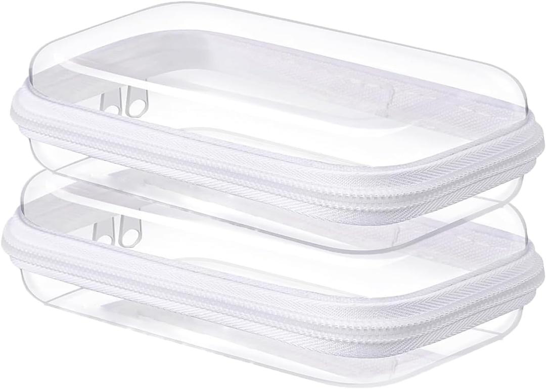 2PC Small Clear Hard Shell Plastic Zipper Case, Double Zippers Hard Clear Zipper, Used for Storing Snacks Makeup Tools and Toiletries