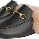 Arqa Fur Mules for Women Comfortable Leather Buckle Mule Flats Furry Padded Backless Loafers Casual Slides Shoes (Black Fur, US 11)