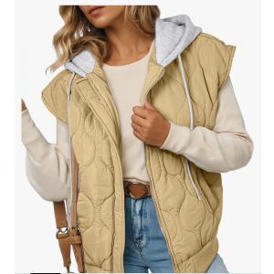 EVALESS Puffer Vest Women Cropped Hooded Zip Up Quilted Sleeveless Jackets 2025 Fall Lightweight Coat with Pockets, 2XL