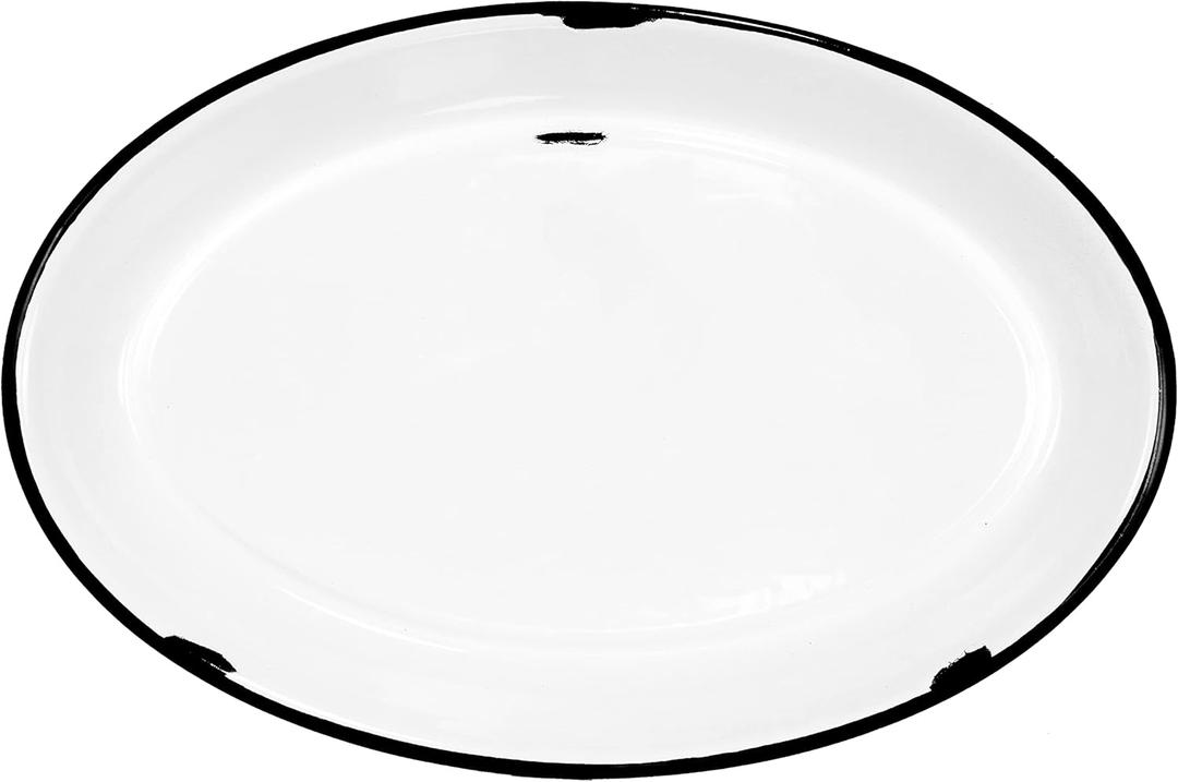 Red Co. Enamelware Metal Classic 13 Serving Oval Tray Platter, Distressed White/Black Rim