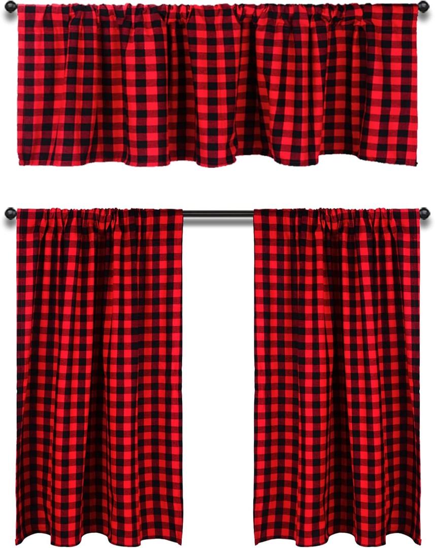 HTFDStar Valance Curtain Set, 3PCS Cotton Buffalo Plaid, Farmhouse Kitchen Curtains, 58Wx15L, 29Wx36L (Red)