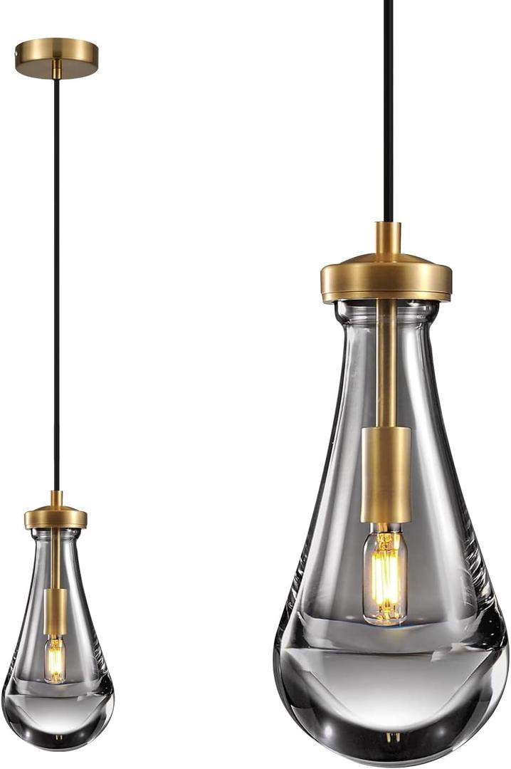 Raindrop Pendant Light, Brass Glass Pendant Lighting, Teardrops Modern Hanging Light for Entryway Foyer Stairway Kitchen Island Bedroom Dining Living Room Hallway (1-Pack Brass-rope)
