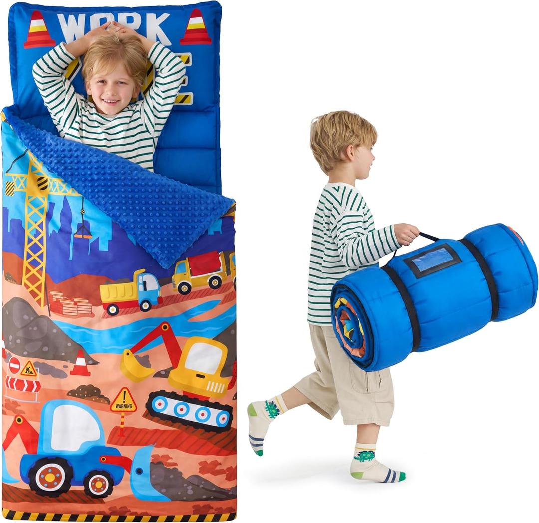 JOIEDOMI Toddler Sleeping Bag for Kids 55''x30'' Nap Mat with Removable Pillow and Minky Blanket for Toddler Ages 3-7 Roll Up Soft Kids Sleeping Bag for Boys Girls Kindergarten Daycare Sleepover (Light Blue Construction)