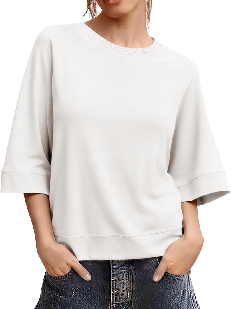 Tankaneo Womens Oversized Half Sleeve T-Shirts Crew Neck Boxy Basic Tees Tops Summer Casual Loose Fit Tunic Shirts, White, Small