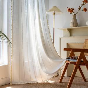 Sutuo Home Boho Curtains for Bedroom 63 Inch Length, Light Filtering Country Farmhouse Vintage Shabby Chic Tassels Window Treatment Bohemian Embroidery Drape, Rod Pocket 1 Panel 52" W x 63" L, White