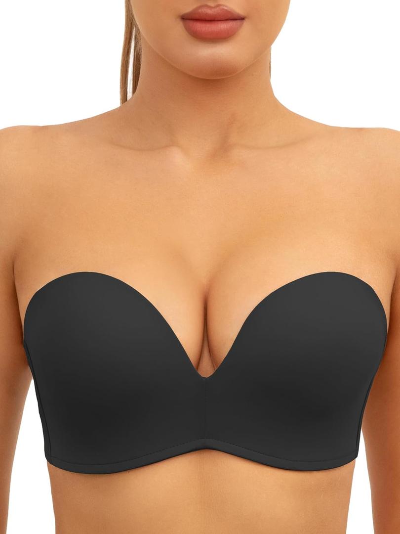 Strapless Bra Non-Slip No Underwire Padded Bandeau Multiway Smoothing Bras Convertible Straps (36C, Black)