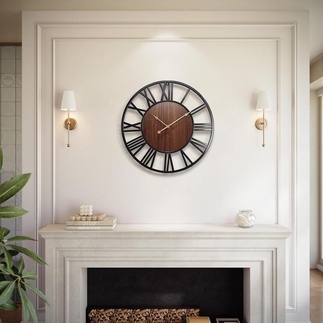 Vantic 24 Inch Large Wall Clock, Roman Numeral Wood Oversized Wall Clocks for Living Room Decor, Farmhouse, Bedroom and Kitchen, Completely Silent, Non Ticking, Battery Operated