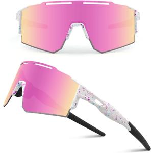Ukoly Cycling Sunglasses for Men Women with 3 Interchangeable Lenses, Polarized Sports Sunglasses, Baseball Sunglasses (1 Lens/Pink)