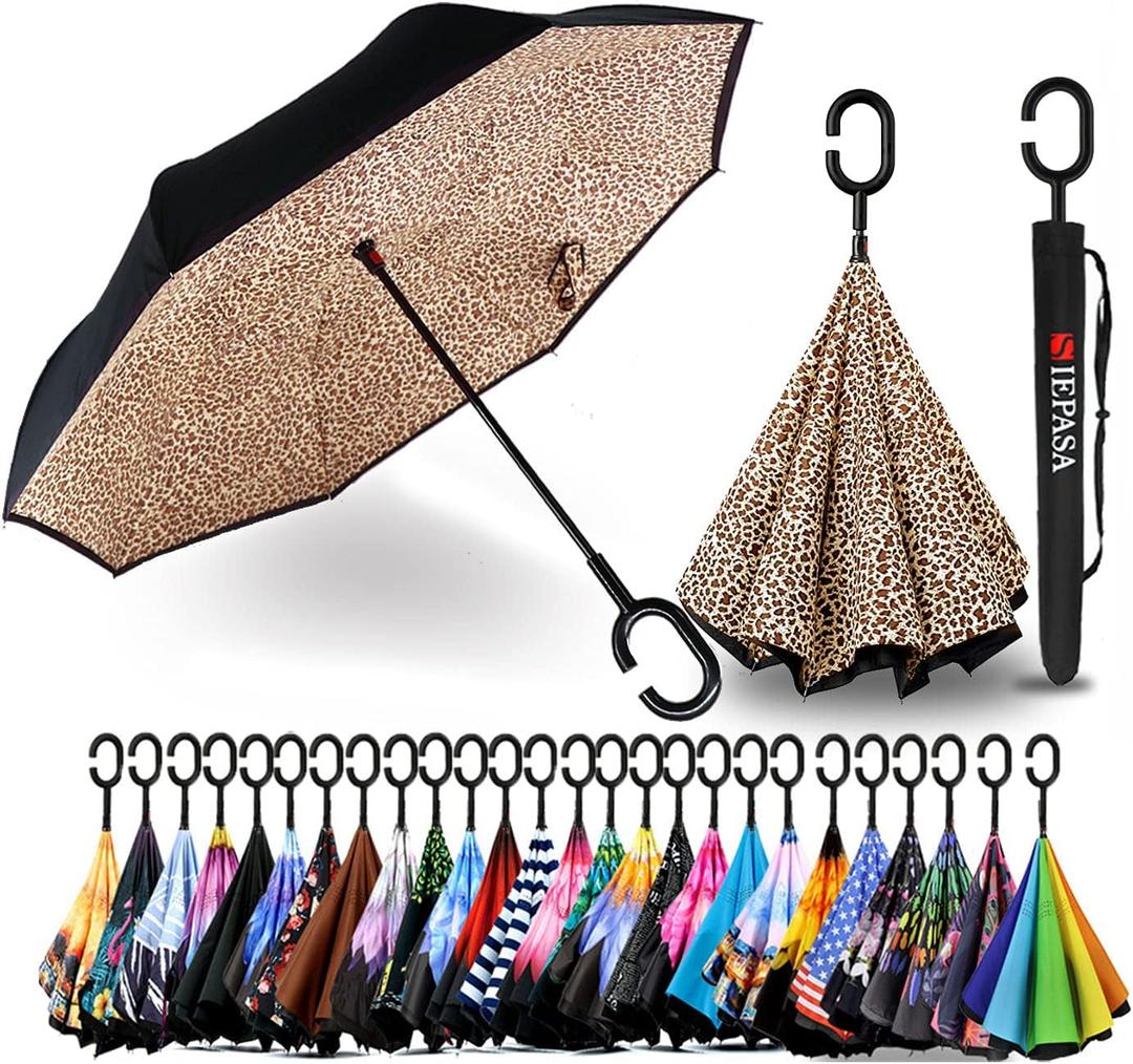 SIEPASA 49/56 Inch Inverted Reverse Upside Down Umbrella, Extra Large Double Canopy Vented Windproof Waterproof Stick Golf Umbrellas with C-shape Handle. (Leopard Print)